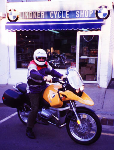 Chuck Frederick aboard his brand new 2000 BMW R1150GS at Lindner Cycle Shop, New Canaan, Connecticut 